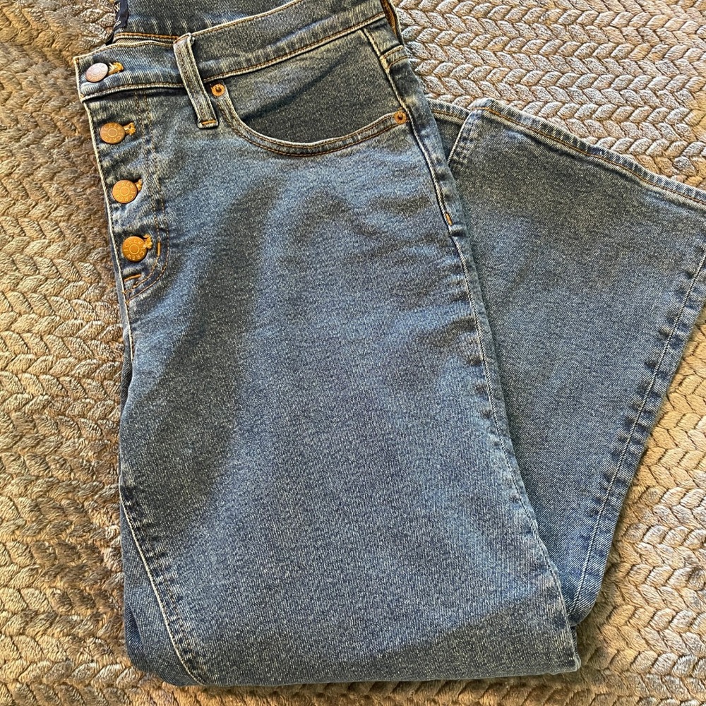 J Crew Factory Mid-Rise Flare‎ Crop Sz 30 Button Fly Jeans In All Day Stretch
